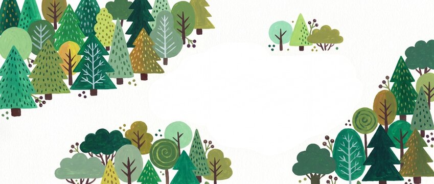 Whimsical forest landscape with colorful trees and foliage on white background with depicts stylized forest forest scene various various green sustainability illustration