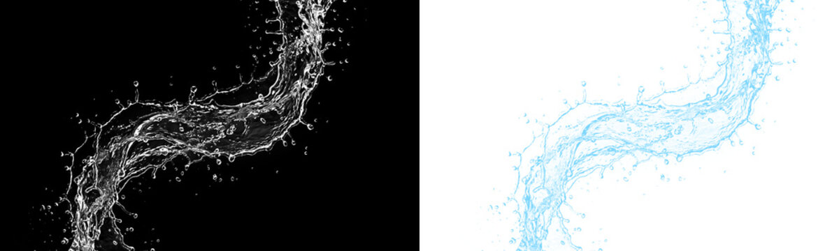 A dynamic swirling stream of clear water droplets captured in motion as an isolated object on transparent background