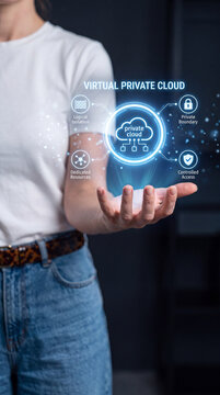 Virtual private cloud concept visualized with icons and glowing elements hovering above a person's open palm