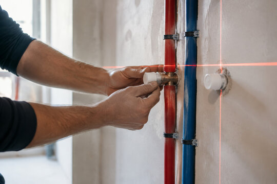 Trabajo de instalaci&oacute;n de tuber&iacute;as en una pared con l&aacute;ser de nivel en una construcci&oacute;n