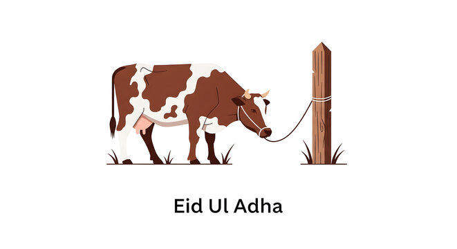 Brown and white cow tied to a post illustration for Eid Ul Adha celebrations