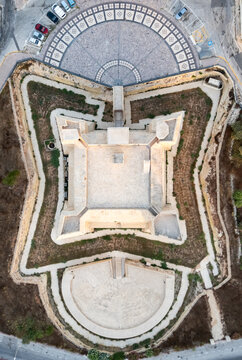 Aerial view of Saint Thomas Tower in Marsaskala, Malta on summer morning