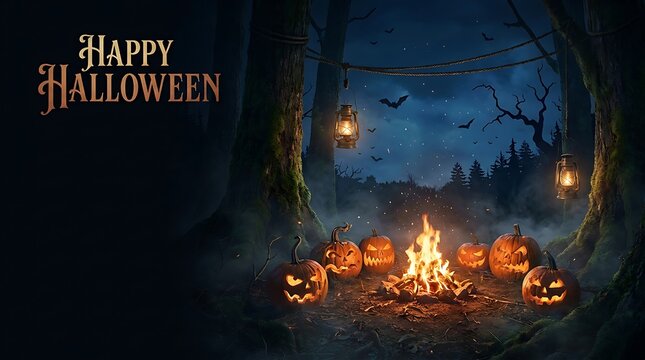 A dark mysterious forest scene featuring glowing carved pumpkins arranged in a circle around a warm crackling campfire at night