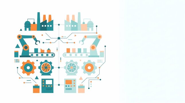 smart factory industrial automation digital twin comparing physical machines to a virtual model in a symmetrical circular layout. A flat design digital drawing illustration with right copy space.