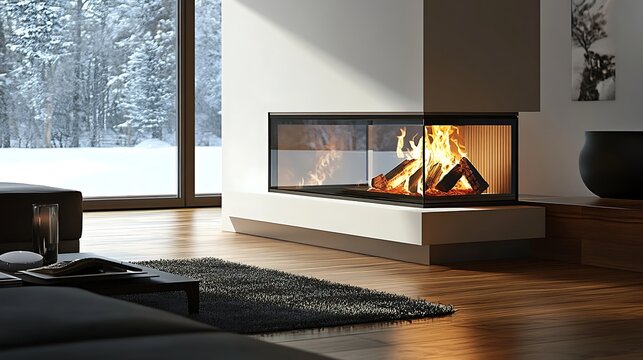 Modern corner fireplace with burning logs and snowy outdoor view in a contemporary living room interior