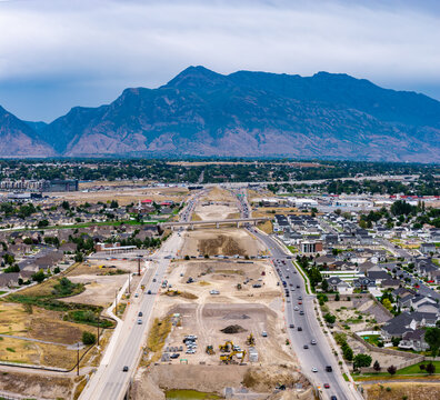 Aerial view of the construction of the 2100 North Freeway in Lehi, Utah, United States.
