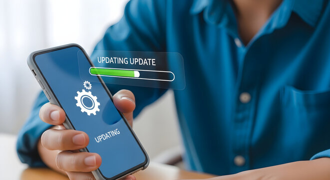 Man holding a smartphone displaying an automatic software update progress bar with gear icon for mobile system maintenance and digital device optimization