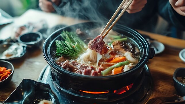 Steaming korean shabu shabu hot pot with beef and vegetables traditional asian dining experience