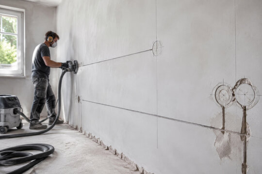 Trabajo de construcci&oacute;n en una habitaci&oacute;n con herramientas el&eacute;ctricas y un trabajador en acci&oacute;n
