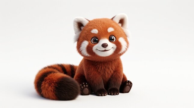 Adorable Red Panda Cub: A charmingly rendered red panda cub sits attentively, its fluffy striped tail curled behind, showcasing bright, curious eyes and a gentle smile.