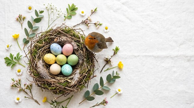 Easter Nest with Robin: A charming robin perches beside a rustic nest brimming with pastel-colored Easter eggs, surrounded by delicate spring foliage and blossoms.