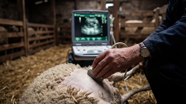 Veterinarian performing a portable ultrasound pregnancy examination on a sheep lying in a barn for reproductive livestock management, close up of the hand holding the scanner