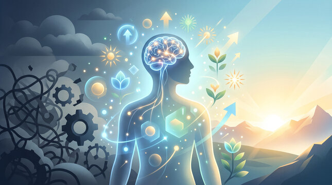 Investigate the role of visual cues containing affirmations in shaping growth mindset and long-term behavior change. Include insights from behavioral science and neuroscience. grow