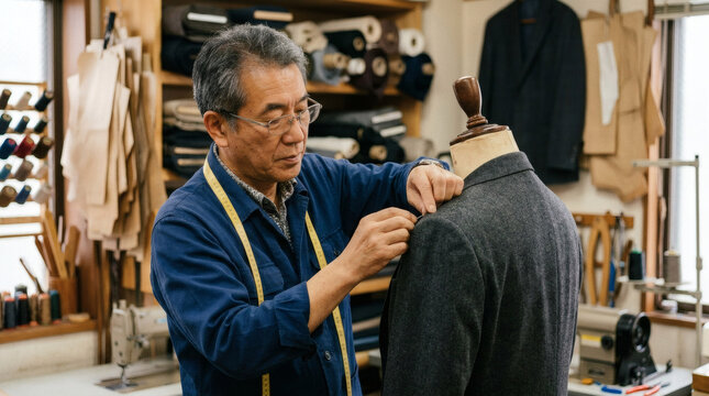 Japanese tailor meticulously crafts a suit on a mannequin in his workshop