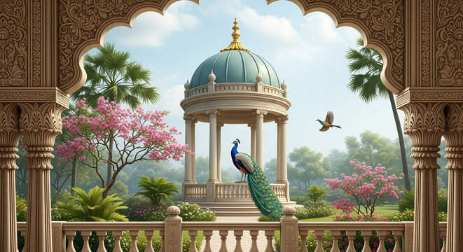 Majestic peacock on a royal garden gazebo viewed through an ornate palace archway with pink blooming trees