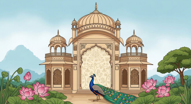 Ornate Indian Palace Illustration Featuring a Majestic Peacock and Blooming Pink Lotuses in a Scenic Landscape