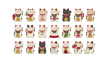 Fototapeta premium Set of cute lucky cat figurines in various poses and colors for traditional japanese fortune and prosperity symbols vector illustration