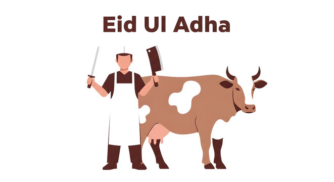 Eid Ul Adha illustration with butcher and cow vector graphic on white background