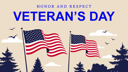 Veteran day illustration with american flags and pine trees for memorial holiday