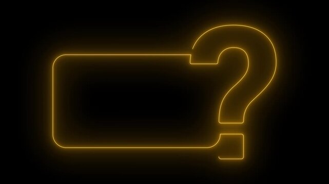 Question mark animated glowing yellow neon big query symbol with frame border 4k dark black background