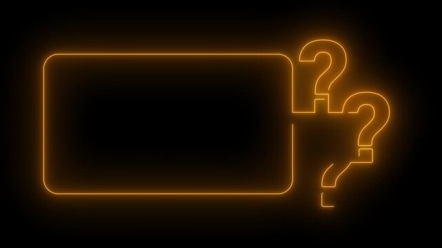 Question mark animated glowing yellow neon frame border with three query symbols 4k dark black background