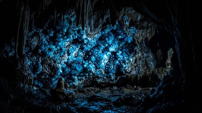 Mystic Blue Crystal Cavern with Quartz Rock Formation in a Dark Night Background