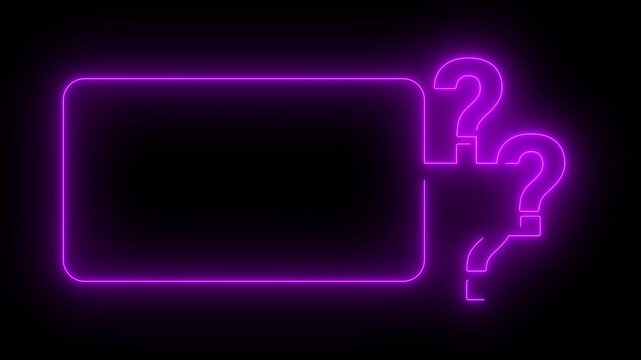 Question mark animated glowing purple neon frame border with three query symbols 4k dark black background