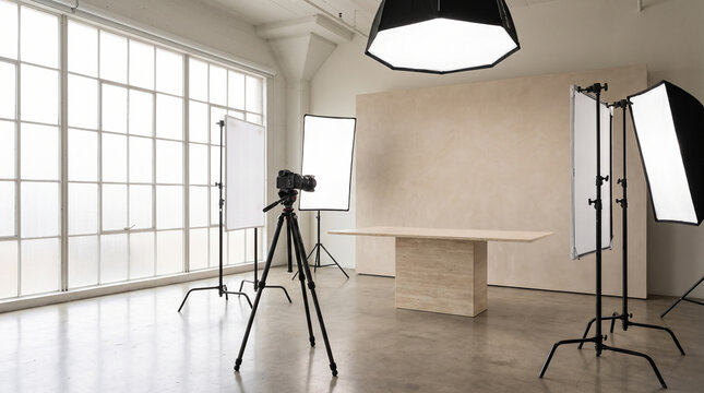 Luxury Editorial Product Photography Set with Travertine Table Textured Wall Professional Studio Lighting Premium Commercial Background