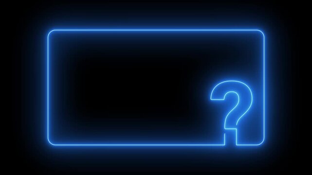 Question mark animated glowing blue neon rectangular frame border 4k dark black background