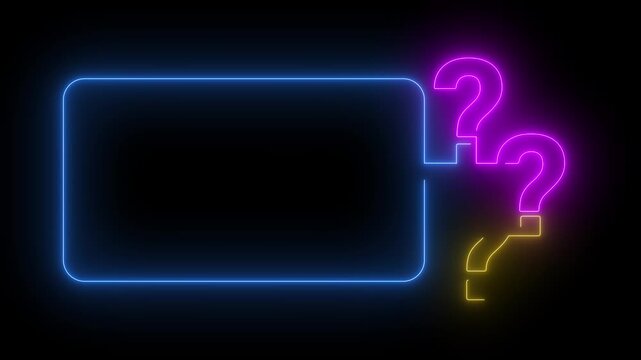 Question mark animated glowing colorful neon frame border with three query symbols 4k dark black background