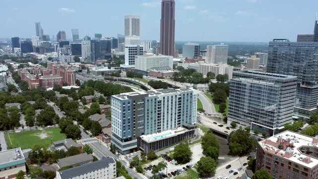 Aerial descending shot of the uptown area of Atlanta, Georgia, taken from the downtown area.