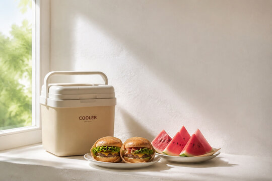 Hamburgers and watermelon slices beside small portable cooler on window ledge, summer picnic concept