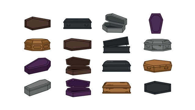 Set of various wooden and metal coffins and caskets in different styles and shapes for funeral services and burial rituals isolated illustration Vector