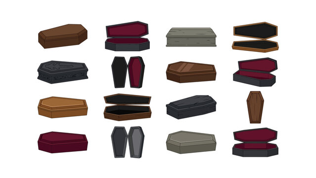 Set of various wooden coffins and funeral caskets in different colors and positions for burial rituals and death concepts isolated collection of burial boxes for graveyard ceremony and memorial Vector