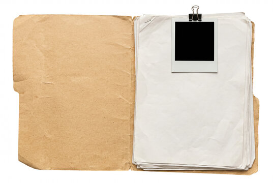 Vintage Manila Folder with White Papers and Blank Photo Frame