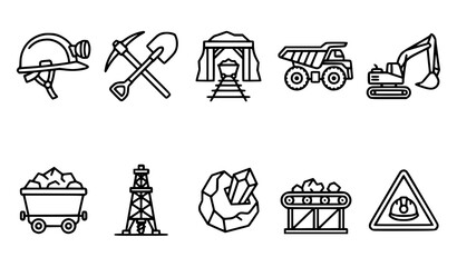 Fototapeta premium Mining Industry Line Icons Set Black and White Minimal Outline SVG Vector Collection