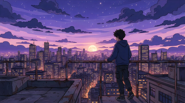 Young person standing on a rooftop looking at a beautiful city sunset in pixel art style