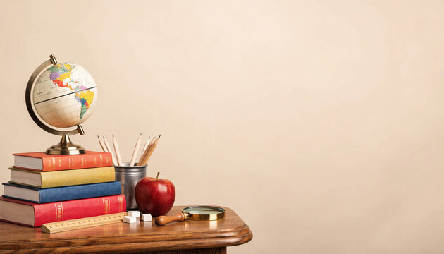 Back to school background, school supplies with globe and stacked books on beige copy space