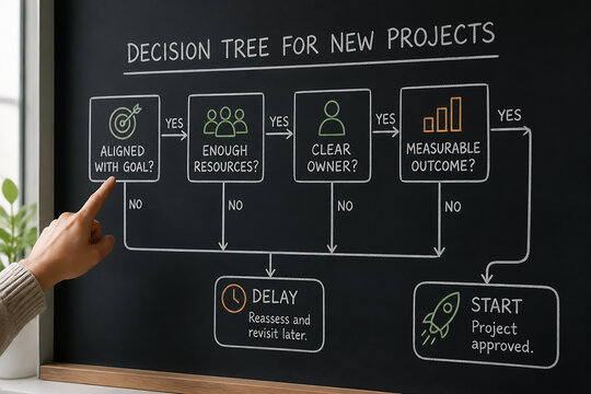 A hand points to a decision tree chart on a blackboard detailing criteria for approving new projects.