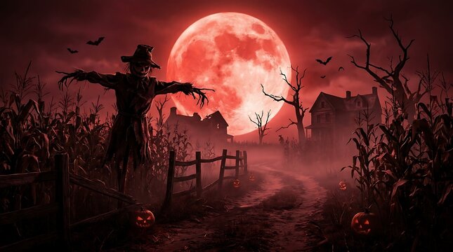 Sinister scarecrow standing in dark cornfield with glowing pumpkins and abandoned farmhouse under ominous red moon