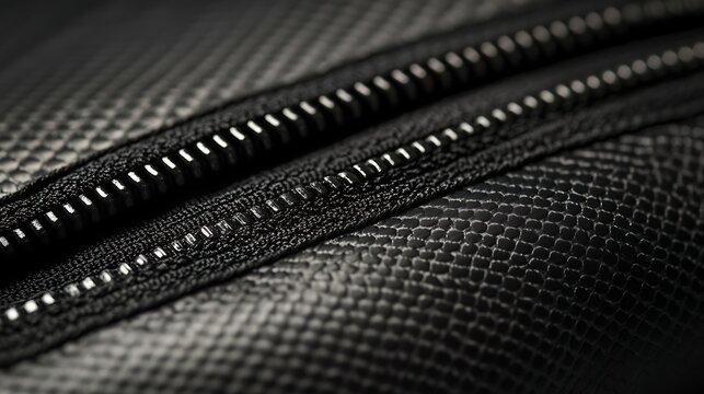 Close up of a black leather texture with a prominent metal zipper showcasing detailed craftsmanship and material quality