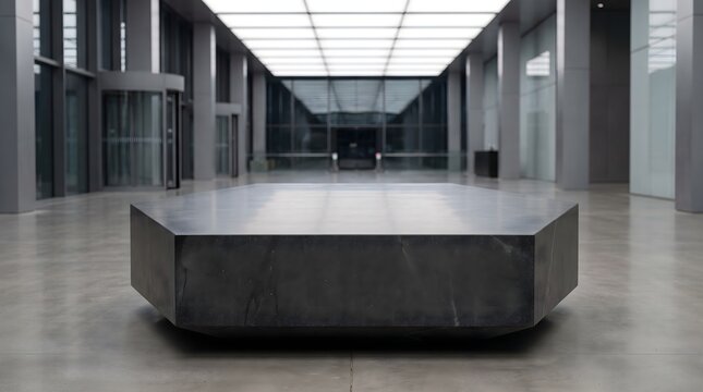 Frontal view of a dark hexagonal display surface representing innovation and corporate strategy with copy space in a modern building lobby.