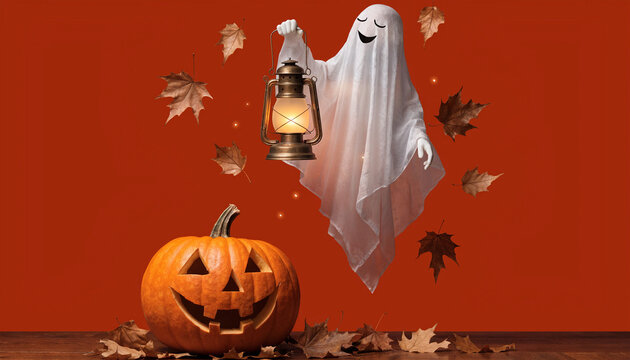 Halloween background, cute floating ghost holding lantern with jack o lantern pumpkin on orange copy space