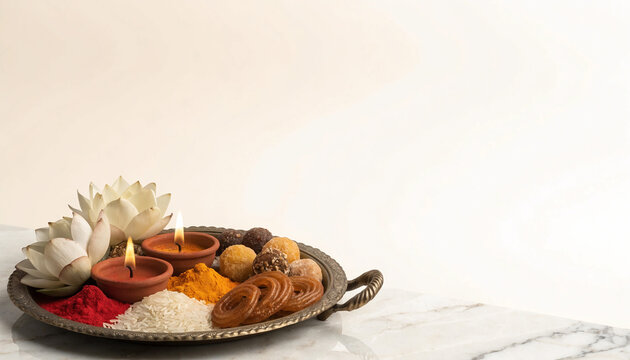 Indian festival background, traditional puja thali with glowing diyas and jalebi sweets on white copy space