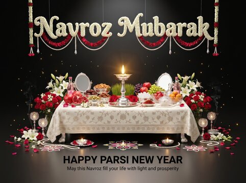 Navroz mubarak festive table setting with a lit diya lamp, traditional haft-sin red roses, white lilies, and hanging floral garlands against a black background