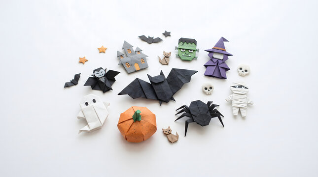 AI-generated origami paper creature, Halloween bat silhouette, white minimalist background, sharp folds and paper grain texture, 4K