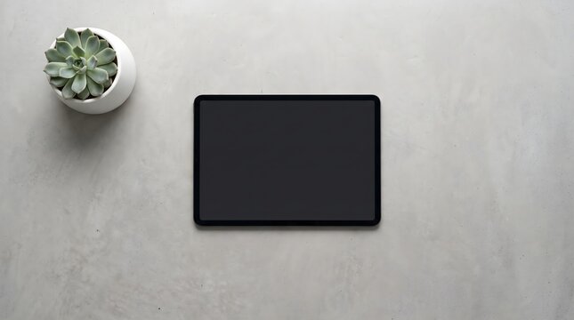 Overhead flat lay of blank screen tablet for modern design presentation with copy space on concrete desk