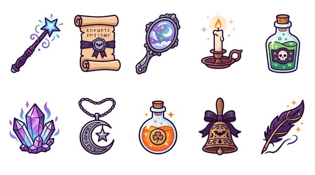 Collection of magical items including potions crystals wand mirror candle and scroll for fantasy themed design projects