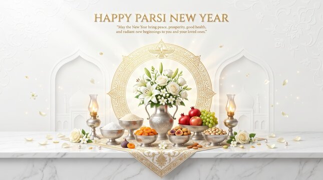 Happy parsi new year greeting card featuring a central floral vase, bowls of dried fruits and nuts, lit oil lamps, and traditional zoroastrian symbols on a white marble table
