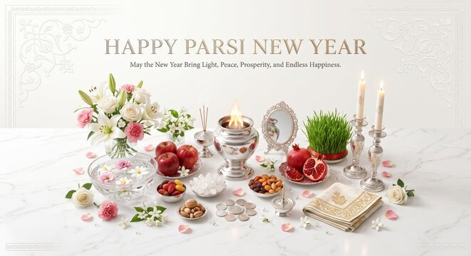 Parsi new year navroz celebration table setting with lit fire vase, fresh flowers, pomegranates, wheatgrass, silver candles, and coins on a white marble surface